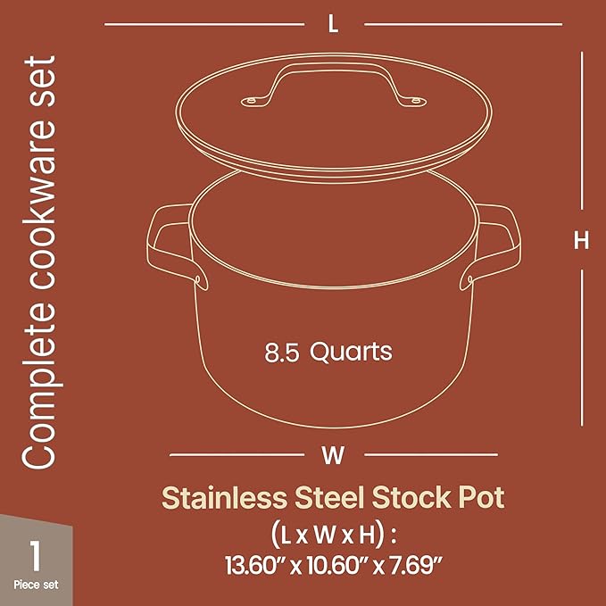 Bakken 8.5 Quart Ceramic Coated Stock Pot with Lid, Easy Clean Nonstick Pot, Tempered Glass Lid, Riveted Stainless Steel Handles, Oven Safe Up To 500°F, PTFE & PFAS Free, All Stove Compatible, Black