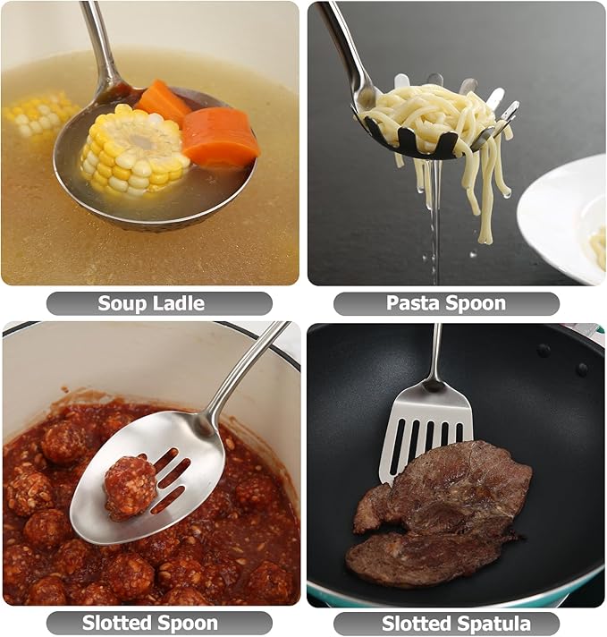 Cooking Utensil Set - 304 Stainless Steel Kitchen Utensils Sets with Wood Handle Cookware Set Utensils kitchen tool set Dishwasher Safe- Slotted Spatula, Pasta, Spoon, Soup Ladle Set 4pc