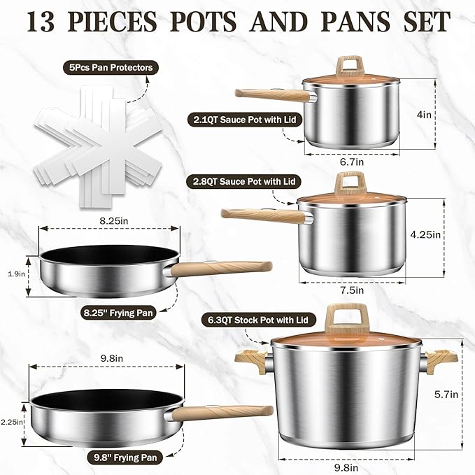 13-Piece Stainless Steel Cookware Set with Nonstick Frying Pans, Sauce Pots & Stock Pot, Heavy Duty Pots and Pans Set, Induction Cookware, Easy to Clean
