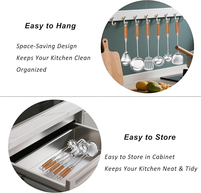 18/10 Stainless Steel Kitchen Utensils Set 4 Pcs Cooking Utensil with Wood Handle, 15” Long Handle Spatula, Soup spoon, Leaking shovel, Kitchen Tools Set (Wood handle - 4 Piece)