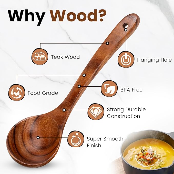 Wooden Spoons for Cooking,Natural Teak Wooden Ladle for Soup, Wood Ladle Spoon for Pot & Bowl, Non-Stick Wooden Spoon for for Cooking, Soup, Sauce