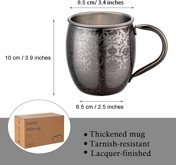 Moscow Mule MugsSet of 2-18 Oz Copper-Plated Fine Craftsmanship Etched Mugs,304 Stainless Steel-Lined Mule Cups,For Cold Drinks, Beer, Wine, Bars, Parties