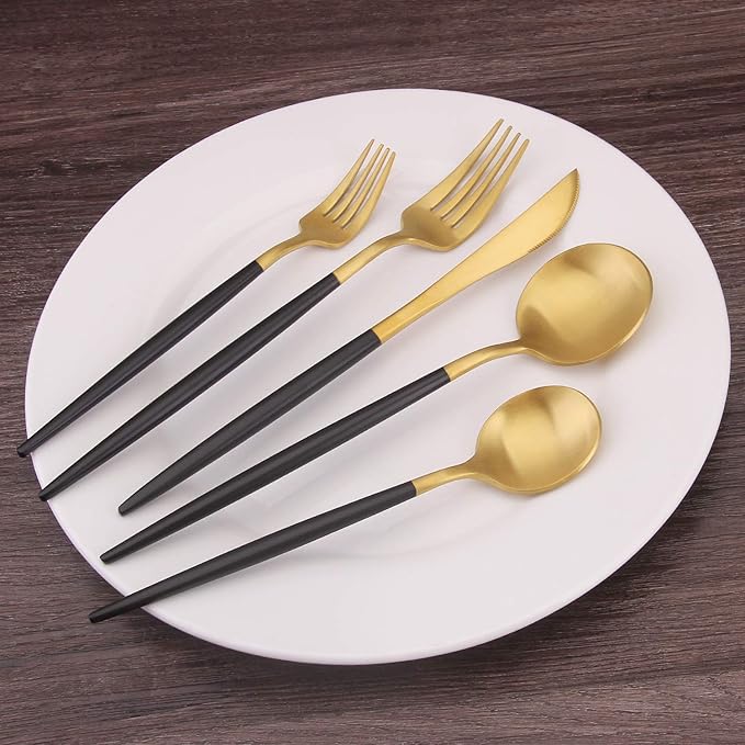 Matte Gold Silverware Set with black handle, Bysta 20-Piece Stainless Steel Flatware Set, Kitchen Utensil Set Service for 4, Tableware Cutlery Set for Home and Restaurant, Dishwasher Safe