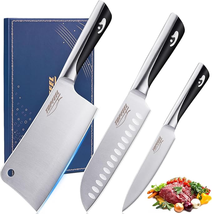 Butcher Knife Meat Cleaver Set 3Pcs-7" Heavy Duty Bone Chopper& 7" Santoku Knife& 5" Utility Knife, German Stainless Steel Chef Knives Set for Kitchen Home Gift