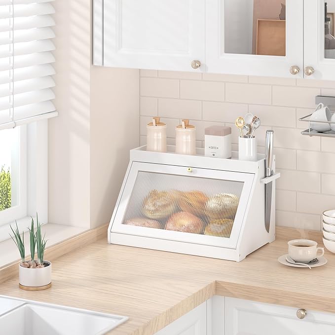 Bamboo Bread Box with Shelf for Kitchen Counter-Large Capacity Bread Storage Container with Wavy Arcylic Transparent Door Bamboo Wooden Farmhouse Bread Box for Your House (White)