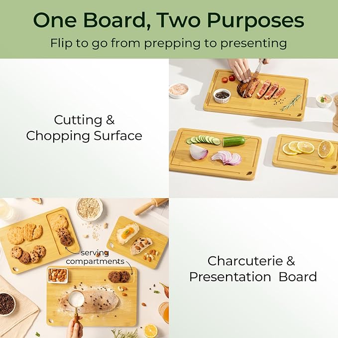 Wood Cutting Board for Kitchen - Reversible Bamboo Cutting Boards Gift Set of 3 with Juice Groove, Wooden Chopping Board for Meat, Fruit, Vegetables & Cheese (Pre Oiled, Natural)