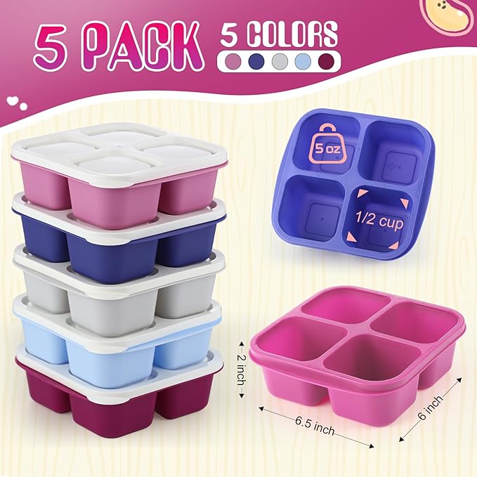 Honeydak 5 Pack Snack Containers 4 Compartment Bento Snack Boxes Reusable Lunchable Containers with Lids Divided Meal Prep Lunch Food Storage Box for School Work Travel(Elderberry,Equal)