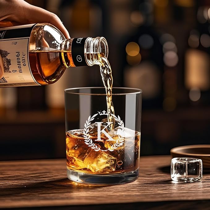 Personalized Whiskey Glasses Gifts for Men, Monogrammed Engraved A-Z 10.6 oz Rocks Glass Customized Gift, Unique Christmas Birthday Gifts for Men Him Dad Husband Brother Son (K)