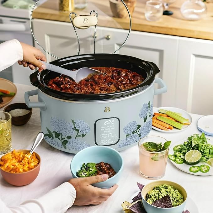 Beautiful 6 Qt Programmable Slow Cooker with Touch Control, Digital Timer and Keep Warm Function – Large Electric pot Capacity Kitchen Appliance by Drew-Barrymore (Hydrangea Floral)