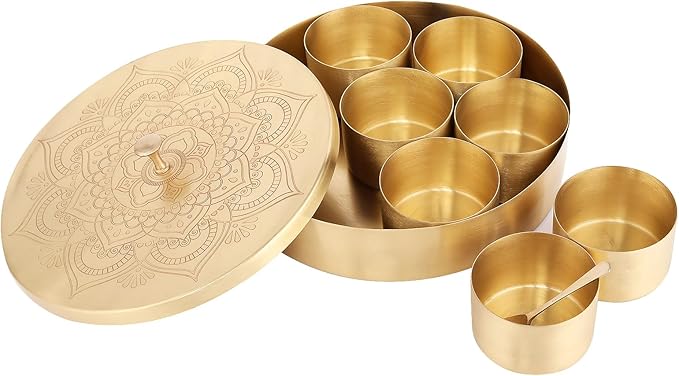 Brass Round Spice Box Masala Dabba-Spice Box Set With Spoon Container 90 ML Indian Masaladanni for Kitchen Counter With Spoon (Floral, 9 Inch (Large Family))