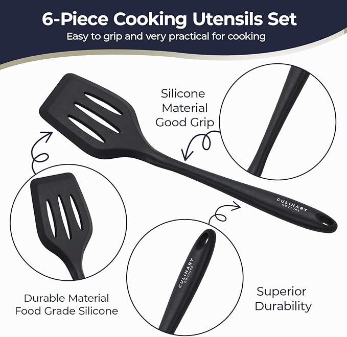 Culinary Couture Black Silicone Kitchen Utensils Set of 6, Non-Stick Heat-Resistant Silicone Kitchen Utensils Set with Steel Inner Core