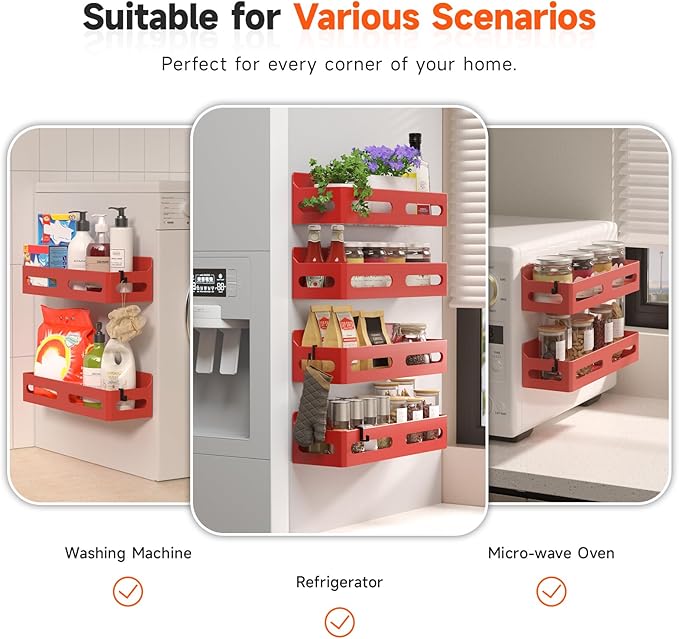 4 Pack Magnetic Spice Rack for Refrigerator, Spice Rack Organizer, Moveable Magnetic Shelf Fridge Organizer with 4 Hooks for Kitchen and Oven Organization, Red