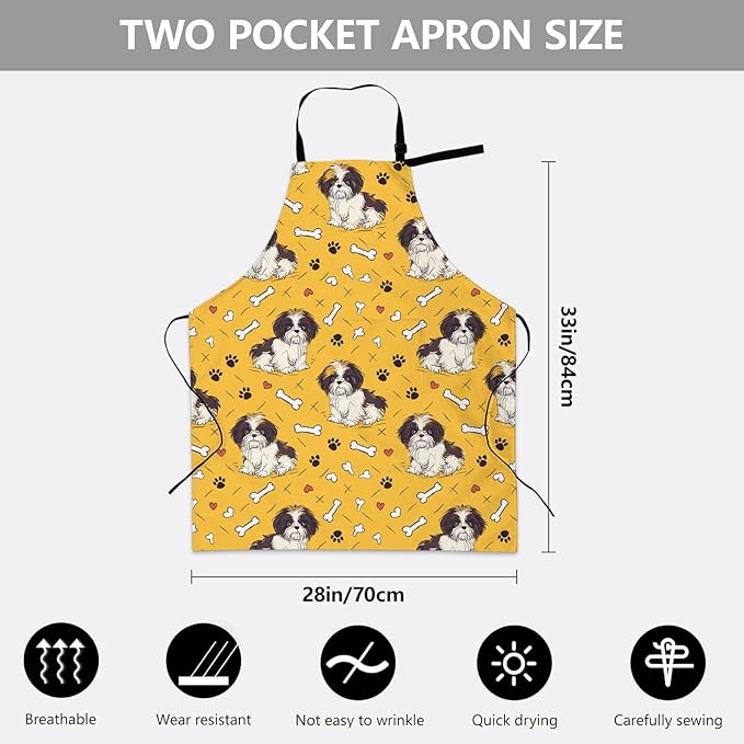 Playful Dog Apron, Adjustable Kitchen Cute Shih Tzu Puppy Aprons with Pockets for Cooking BBQ Gardening, 28×33 IN, Holiday Gifts for Women Wife, for Chef Baking, Oxford Fabric