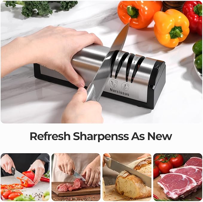 Narcissus Knife Sharpener, Professional 2 Stage Electric Knife Sharpener for Quick Sharpening & Polishing, with Scissors Sharpener and Metal Dust Collection Box, Stainless Steel, Silver