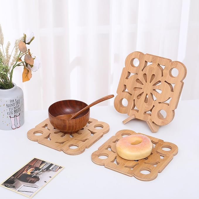 Premium Bamboo Wood Pot Holders for Kitchen - Set of 4 Sturdy Heat-Resistant Pads & trivets for hot Dishes, pots 、 Pans 、teapot(7.4x7.4 inches) with Handy Storage Stan