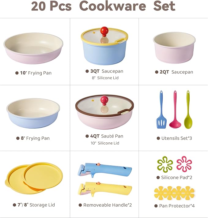 CAROTE 20pcs Ceramic Cookware Set Detachable Handle, Pots and Pans Set Nonstick, Induction Cookware with Removable Handle, RV Dishwasher ＆ Oven Safe, PFOA Free