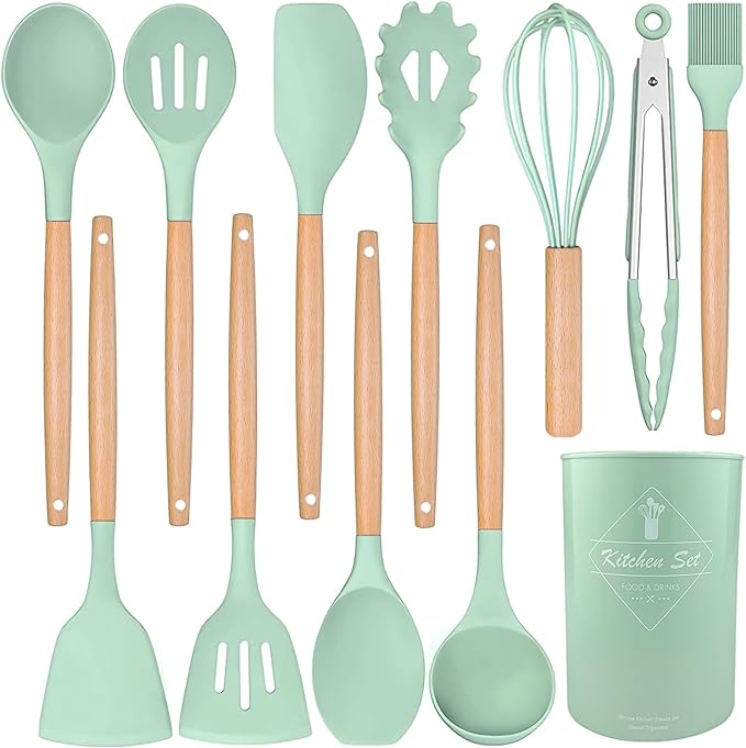 Silicone Cooking Utensils Kitchen Utensil Set - 446°F Heat Resistant Silicone Kitchen Utensils Set, Spatula,Turner Tongs, Spoon, Brush, Whisk,Kitchen Gadgets for Nonstick Cookware, BPA Free (Green)