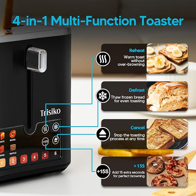 Trisiko® Touch Screen Toaster 2 Slice,Smart Toaster with Digital Timer, 1.38" Extra-Wide Slots for Bread& Bagel,with Reheat, Defrost, Cancel, +15s Boost, Great for Home, Office, Dorm (Black)