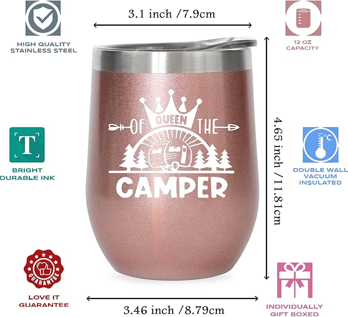 Queen Of The Camper Wine Tumbler, Happy Camper Gifts 12oz Cup, Gifts For Camping lover Outdoors, RV Hiking Camping Coffee Mugs, Camper Lover Couples Glass for Women