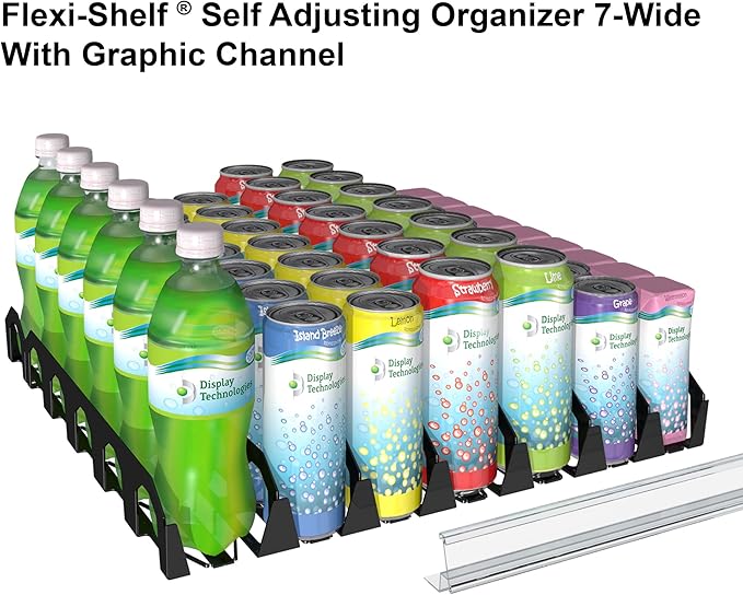 Display Technologies Flexi, Drink Organizer for Flat Shelves (8 to 32oz) - Black w/ 17” Channels - 5 per Carton, Fridge Storage for Cans, Bottles, Beers, Water and More