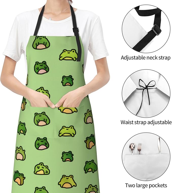 Cute Funny Frog Apron for Women Men Apron With Adjustable Neck strap, Kitchen Apron for Cooking Painting Baking