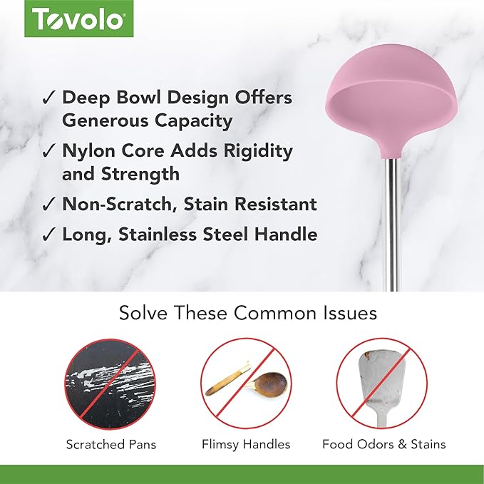 Tovolo Silicone Ladle With Stainless Steel Handle Deep Soup Ladle for Cooking Canning Serving Soup Punch Stew Sauce, Large Kitchen Utensil Spoon Dishwasher Safe BPA Free Silicone, Pink Sorbet