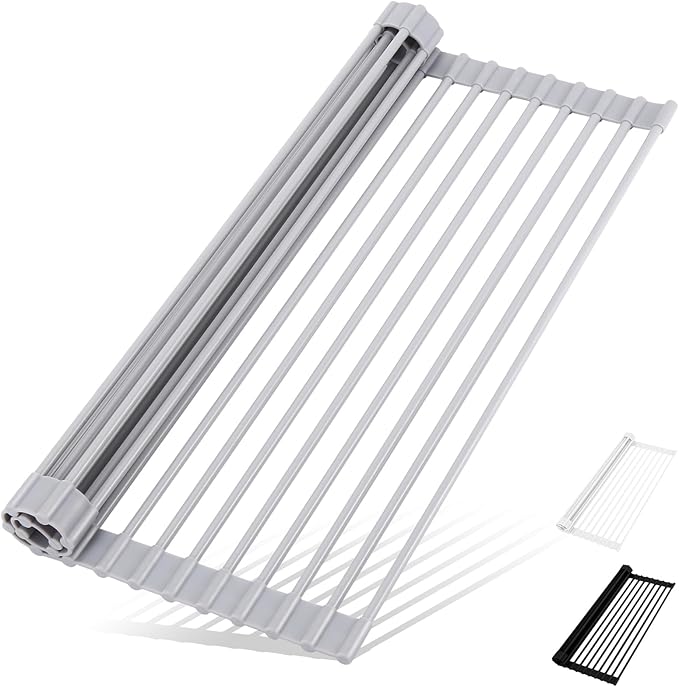 Roll Up Dish Drying Rack Over The Sink Kitchen Roll Up Sink Drying Rack Multipurpose Foldable Sink Drying Mat, Heat-Resistant, Anti-Slip & Anti-Rust Dish Rack for Kitchen, 20.5" x 13", Grey