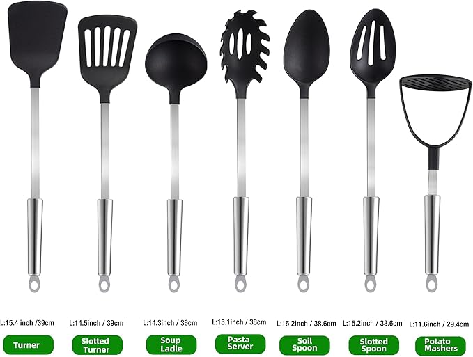 TJ POP Kitchen Utensils Set 7 Pcs, Premium Stainless Steel Heat Resistant Cooking Utensils Sets, Kitchen Gadgets Accessories Tools for Non-stick Cookware (BPA Free)