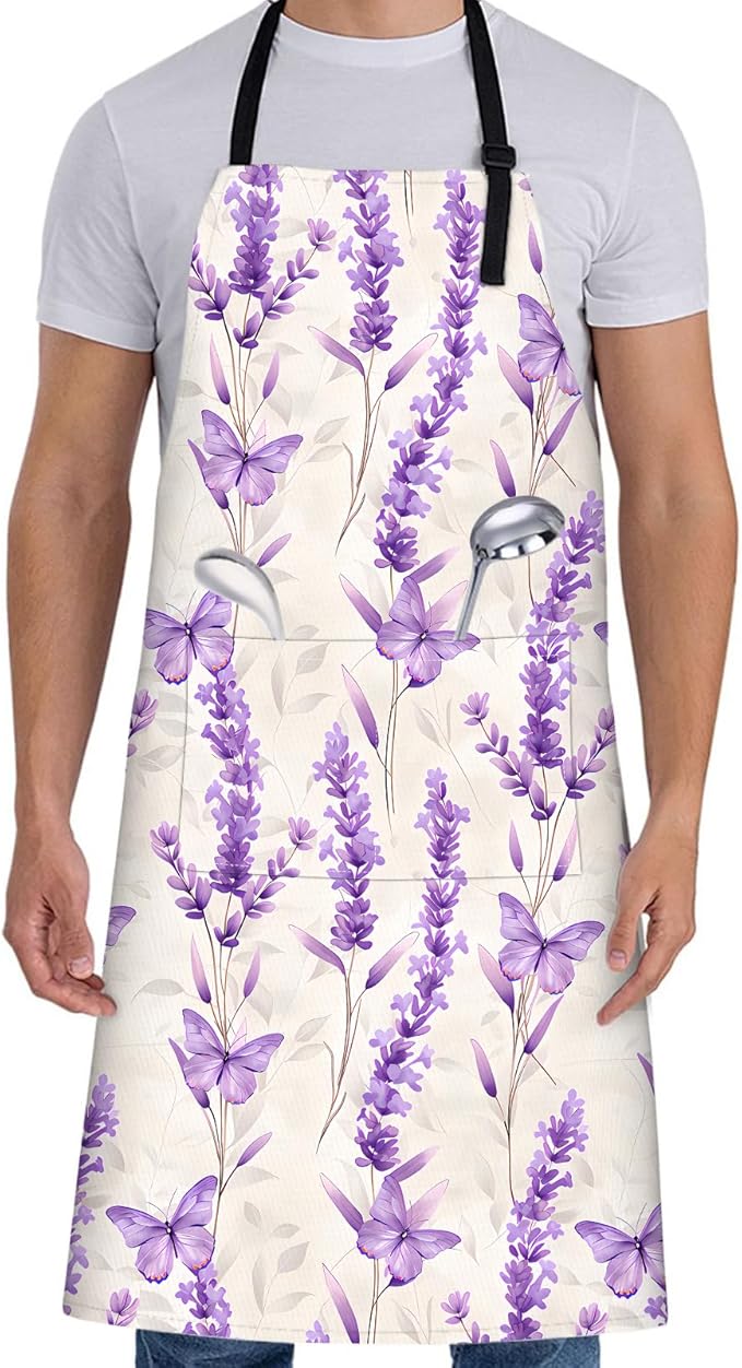 Lavender Apron for Women with Butterfly Floral,28x33in,Elegant Spring Kitchen Aprons with 2 Pockets, Oxford Fabric,Flower Adjustable Apron for Cooking Baking Gardening Chef,Gifts for Mom Wife