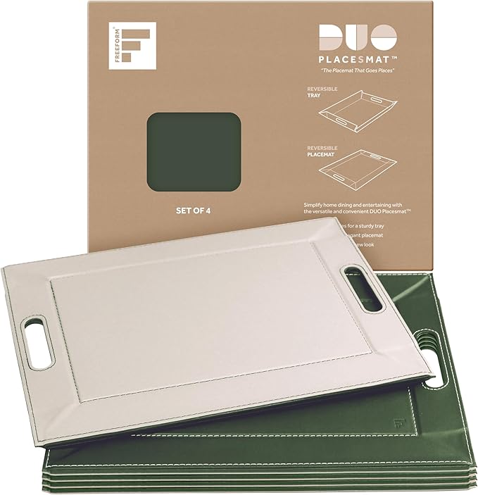 PLACEsMAT 2-in-1 Faux Leather Placemat & Serving Tray | Reversible Design, Lays Flat & Easy to Clean | Ottoman Food Tray, Housewarming Gift, 18” x 14” (Olive Green & Ivory, Set of 4)
