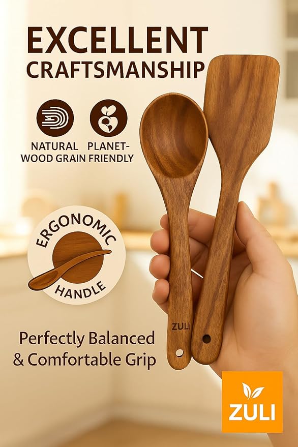 6-Piece Teak Wooden Cooking Utensil Set – Spoons & Spatulas for Nonstick Cookware, Eco-Friendly Kitchen Tools, Gift-Ready & Durable