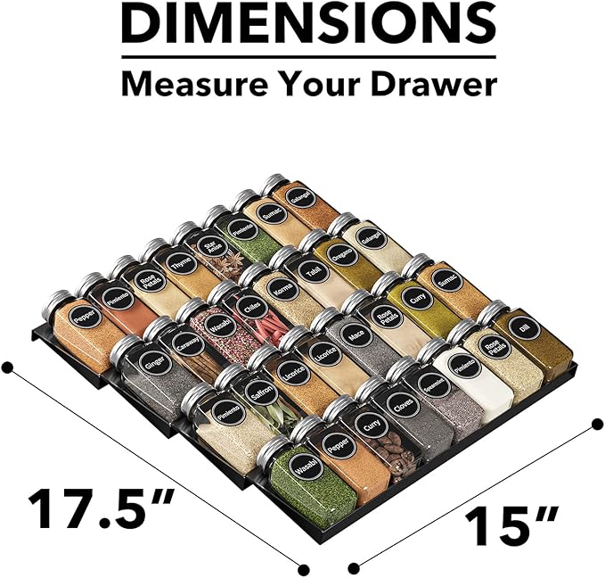 SpaceAid Spice Drawer Organizer with 32 Spice Jars, 386 Spice Labels, 4 Tier Seasoning Rack Tray Insert for Kitchen Drawers, 15" Wide x 17.5" Deep