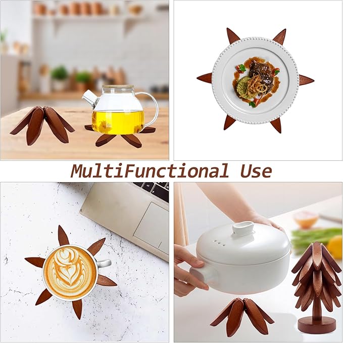 Wooden Trivets for Hot Dishes, Tree Shape Trivet Set, 4 Wooden Trivets + 1 Stand, Stackable Christmas Tree Design, Natural Foldable Kitchen Wooden Trivet, for Pans, Pot, Bowl, Teapot, Hot Pot Holder