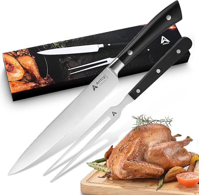 Turkey Carving Set,Full Tang Ergonomic Handle Carving Knife and Fork,German Stainless Steel Kitchen Tools for Turkey, Ham, BBQ,Includes Carving Fork & Knife with Gift Box