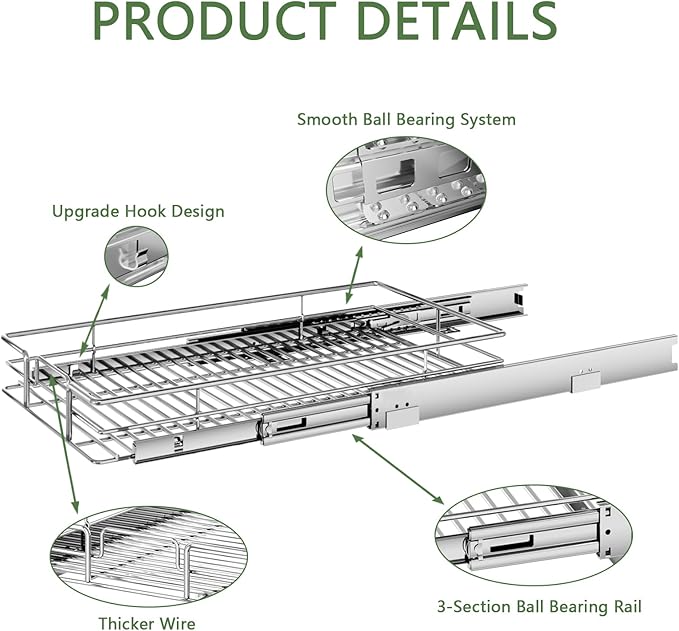 Pull Out Cabinet Organizer 22½" W x 21½" D, Heavy Duty Cabinet Pull Out Shelves, Slide Out Drawers Organization for Kitchen Cabinets Bathroom