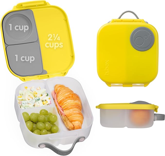 b.box Mini Lunch Box, Bento Box for Kids, Snack Container with 2 Leak Proof Compartments, Reusable Snack Containers with Lids, Kids Lunch Boxes Ages 3+, BPA Free, 4 1/4 Cup Capacity (Lemon Sherbet)