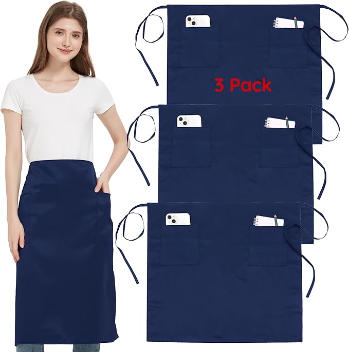 3 Pack Waist Apron with 3 Pockets, Unisex Black Waiter Aprons, Water Resistant Server Aprons for Restaurant Chef Bar