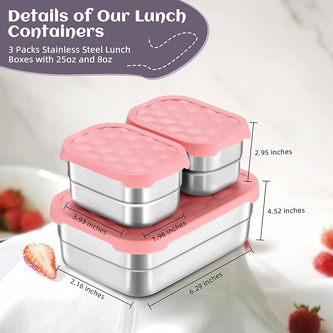 HaWare 8oz*2+25oz Stainless Steel Lunch Box for Kids, Leak Proof Lunch Container with Silicone Lids, Easy Open Food Storage Bento Box for School and Daycare, Dishwasher Safe