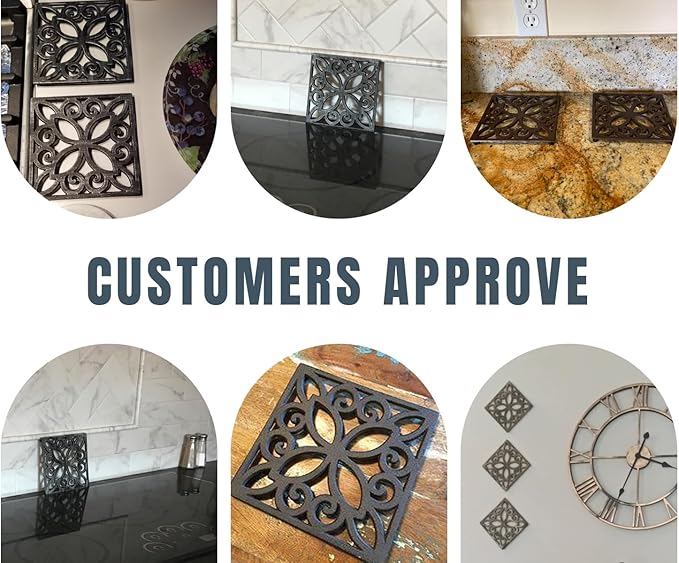 Comfify Decorative Cast Iron Trivet for Kitchen or Dining Table – Square with Vintage Pattern – 6.5" x 6.5" – Rubber Pegs – Recycled Rustic Metal – Gold with Black