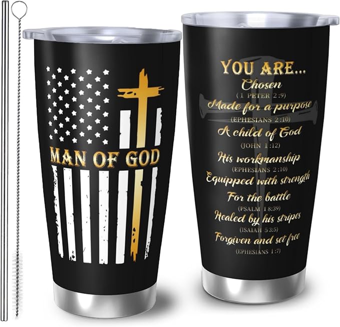 Man of God Gifts for Men, Religious Coffee Mugs, Christian Travel Mug, 20oz Coffee Tumbler, Religious Coffee Mugs