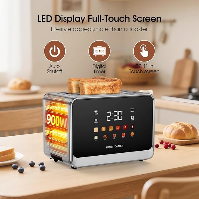 Toaster Touch Screen Toaster 2 Slice with LCD Display Stainless Steel Digital Timer Toasters 6 Bread Types& 6 Shade Settings Smart Extra Wide Slots Tostadora With Bagel Cancel,Defrost Functions