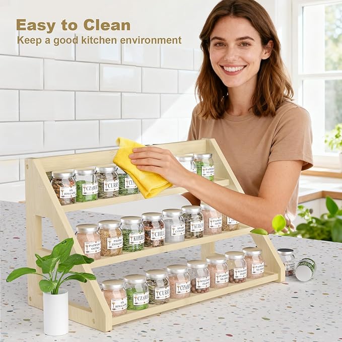 3-Tier Spice Rack Organizer for Cabinet,Bamboo Tiered Spice Rack for 24 Spice Jars(4 oz),Spice Shelf for for Kitchen Countertop,Seasoning Rack,17.5" L x 8.3" W x 9.4" H