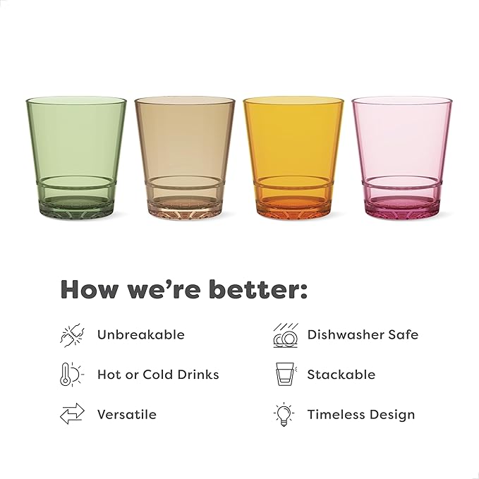 TOSSWARE RESERVE 12oz Stacking Double Old Fashioned - Diamond Base Color Series SET OF 4, Premium Quality, Tritan Dishwasher Safe & Heat Resistant Unbreakable Plastic Whiskey Glasses