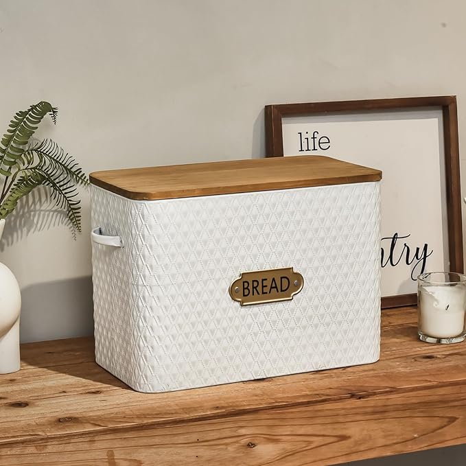 Farmhouse Style Rectangle Bread Box with Wooden Lid Vertical Spacious Bread Storage Container for Kitchen Countertop White（16.5 * 9 * 6.3 Inches