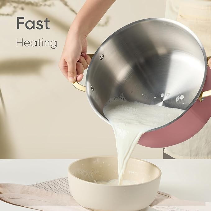 CAROTE 6QT Fully-Clad 3-Ply Stainless Steel Stockpot with Lid Small Kitchen Pot,Outer Ceramic Layer,Even Heating, Fits all stoves,Oven & Dishwasher Safe,Stay Cool Handle,Pink (PFAS/PFOA/PFOS Free)