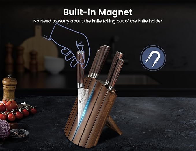 Knife Set 7 Piece Japanese Style Kitchen Knife Set With Foldable Magnetic Acacia Wood Block Sharp High Carbon Stainless Steel Knives Set for Kitchen with Anti-slip Handle, Christmas Gift