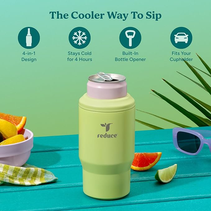 Reduce 4-in-1 Drink Cooler - Versatile Can & Bottle Holder with Vacuum Insulation - Keeps Drinks Cold Up to 4 Hours - Includes Bottle Opener - Fits Cupholders & Dishwasher Safe - 14oz - Mojito