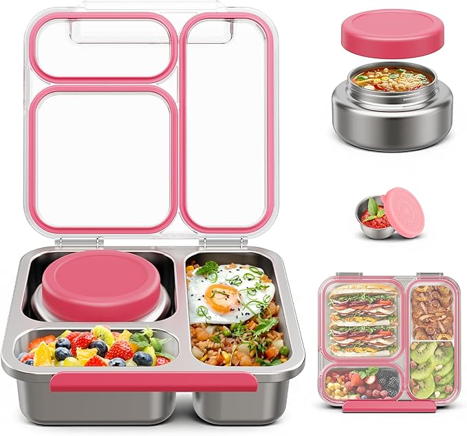 Stainless Steel Bento Box Kids Adult with 7oz Soup Thermo, Transparent Lid 3 Compartments Metal Bento Lunch Box with Insulated Food Jar,Lunch Box Container Sauce Cup for School,BPA-Free(Pink)