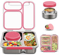 Stainless Steel Bento Box Kids Adult with 7oz Soup Thermo, Transparent Lid 3 Compartments Metal Bento Lunch Box with Insulated Food Jar,Lunch Box Container Sauce Cup for School,BPA-Free(Pink)