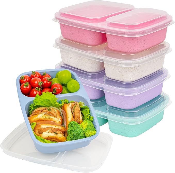 Bento Lunch Box 2 Compartment Lunch Containers, Reusable Kids Lunch Box Containers with Lids, Stackable Food Containers for Lunch, Microwave & Dishwasher Safe for Travel Work & School(5 Pack)